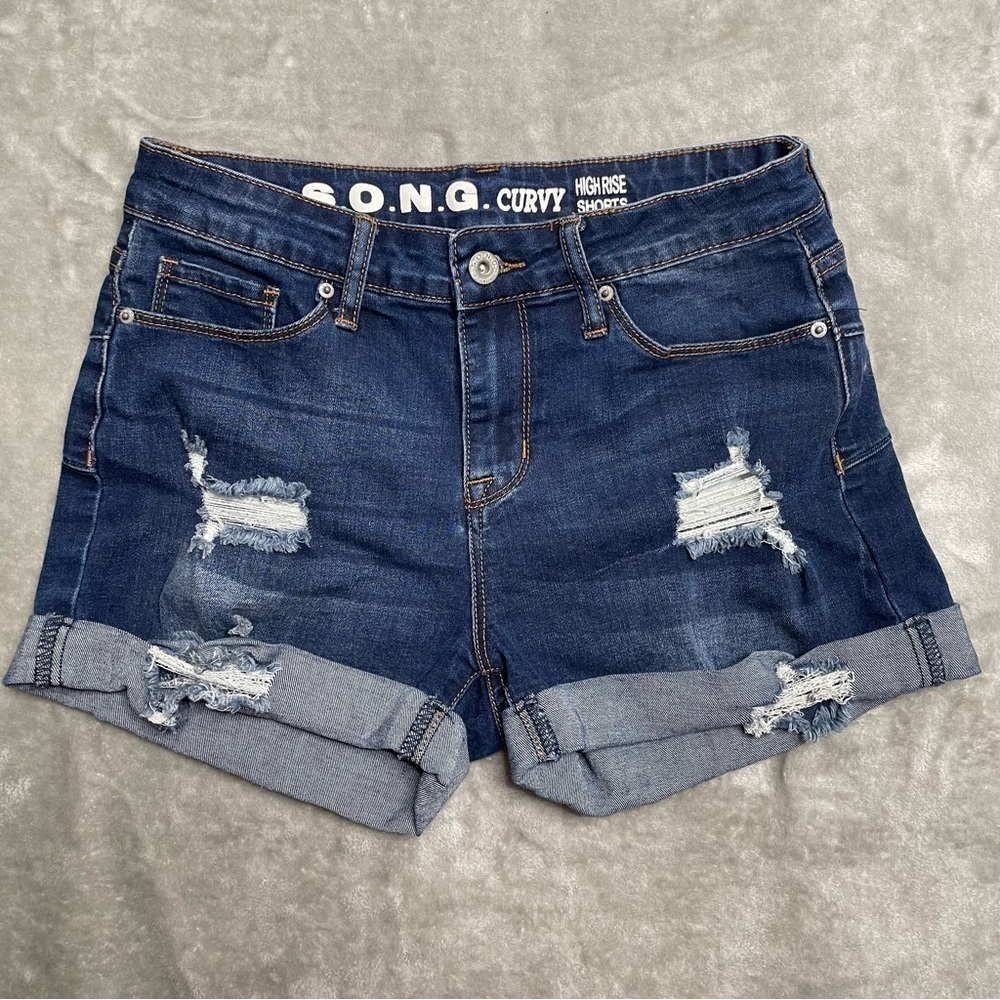 S.O.N.G. Curvy High-Rise Distressed Stretchy Roll-Cuff Denim Shorts Size 5/27